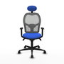 Silla de oficina Jorquera con mecanismo Sincro tapizada con Tela color Azul y malla color Gris. Equipada con lumbar 1D, Brazos 1D, Cabecero Fijo y Ruedas 65mm nailon
