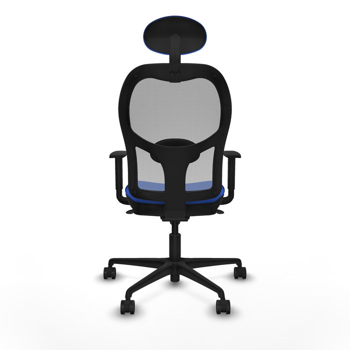 Silla de oficina Jorquera con mecanismo Sincro tapizada con Tela color Azul y malla color Gris. Equipada con lumbar 1D, Brazos 1D, Cabecero Fijo y Ruedas 65mm nailon