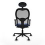 Silla de oficina Jorquera con mecanismo Sincro tapizada con Tela color Azul y malla color Gris. Equipada con lumbar 1D, Brazos 1D, Cabecero Fijo y Ruedas 65mm nailon