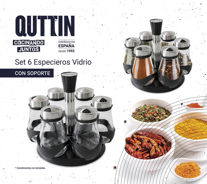 Quttin Set-6 Especieros Vidrio con Soporte 19.3 cm Ancho x 16.8 cm Alto x 19.3 cm Largo (8 Unidades)