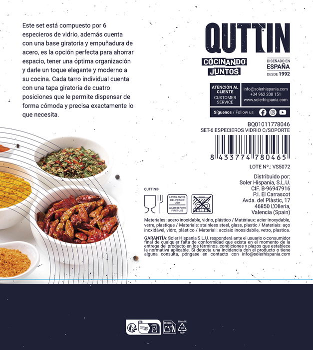 Quttin Set-6 Especieros Vidrio con Soporte 19.3 cm Ancho x 16.8 cm Alto x 19.3 cm Largo (8 Unidades)