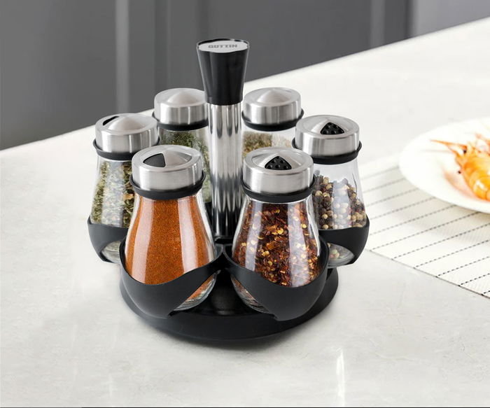 Quttin Set-6 Especieros Vidrio con Soporte 19.3 cm Ancho x 16.8 cm Alto x 19.3 cm Largo (8 Unidades)