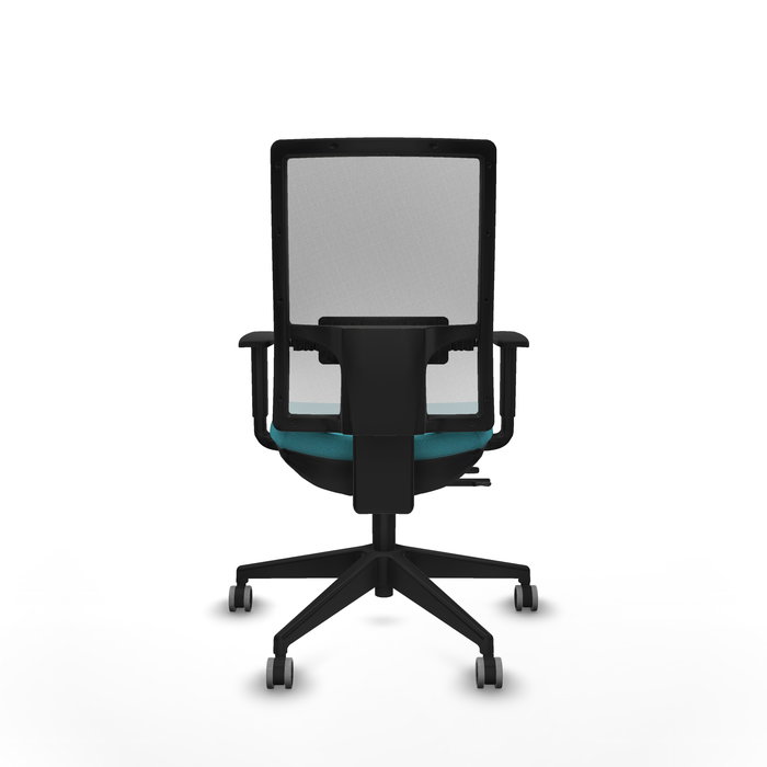 Silla de oficina Horna con mecanismo Sincro/Traslack tapizada con Tela color Turquesa y malla color Blanco. Equipada con lumbar 1D, Brazos 1D y Ruedas 65 mm parqué