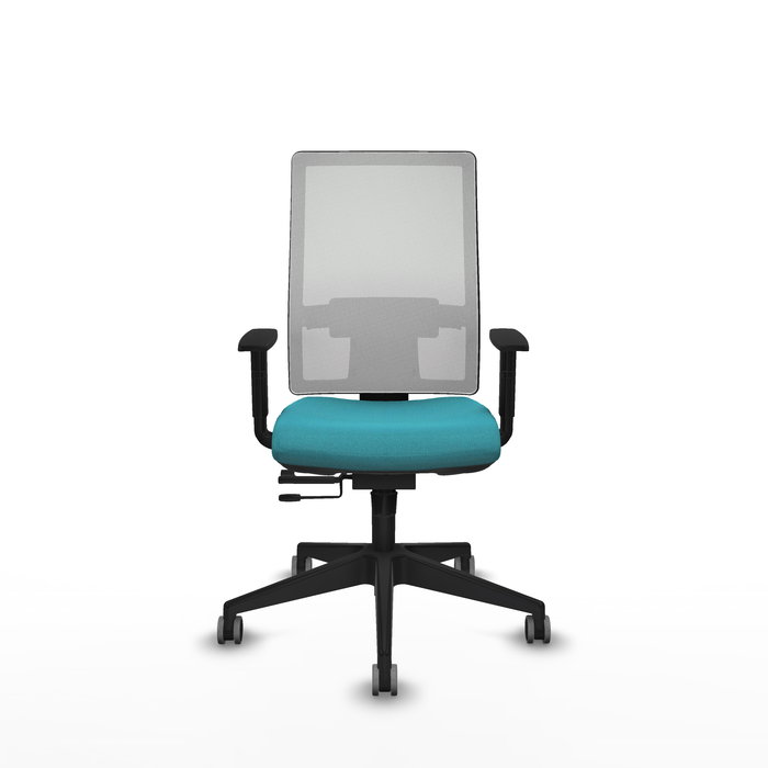 Silla de oficina Horna con mecanismo Sincro/Traslack tapizada con Tela color Turquesa y malla color Blanco. Equipada con lumbar 1D, Brazos 1D y Ruedas 65 mm parqué