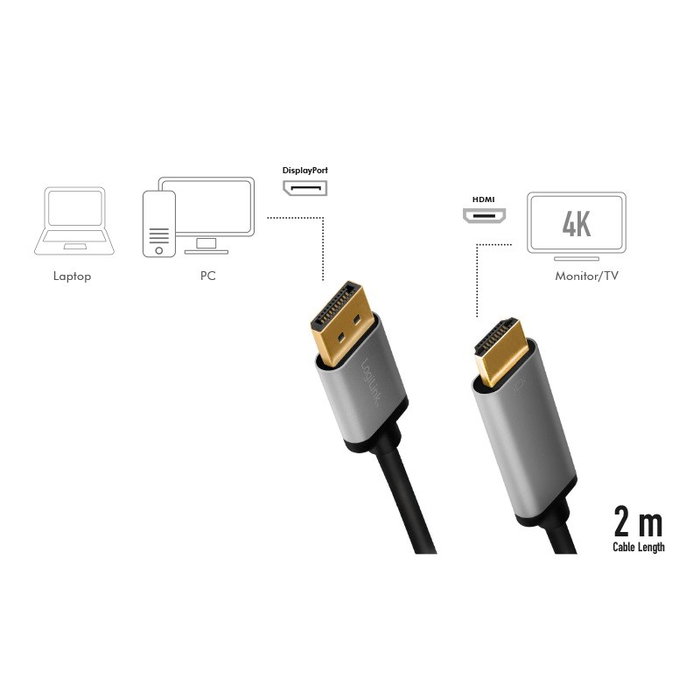 LogiLink Cable DisplayPort a HDMI, 4K/60 Hz, 2 m, Negro/Gris LogiLink Cable DisplayPort a HDMI, 4K/60 Hz, 2 m, Negro/Gris