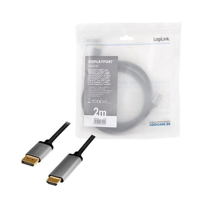 LogiLink Cable DisplayPort a HDMI, 4K/60 Hz, 2 m, Negro/Gris LogiLink Cable DisplayPort a HDMI, 4K/60 Hz, 2 m, Negro/Gris