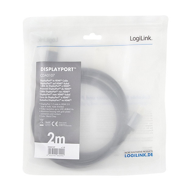 LogiLink Cable DisplayPort a HDMI 4K/60 Hz, 2 m, Negro/Gris de Aluminio