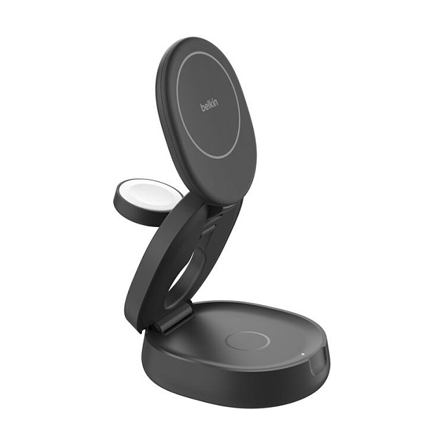 Belkin WIZ034kqBK Boost Charge Cargador 3-en-1 MagSafe Plegable Inalambrico Qi2 15W, Negro, Carga Rapida para iPhone, AirPods, Apple Watch, Pixel, Galaxy