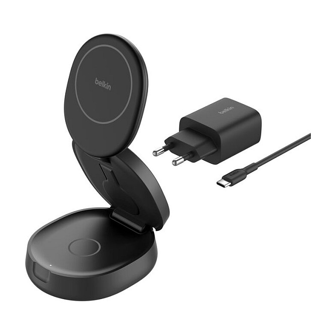 Belkin WIZ034kqBK Boost Charge Cargador 3-en-1 MagSafe Plegable Inalambrico Qi2 15W, Negro, Carga Rapida para iPhone, AirPods, Apple Watch, Pixel, Galaxy