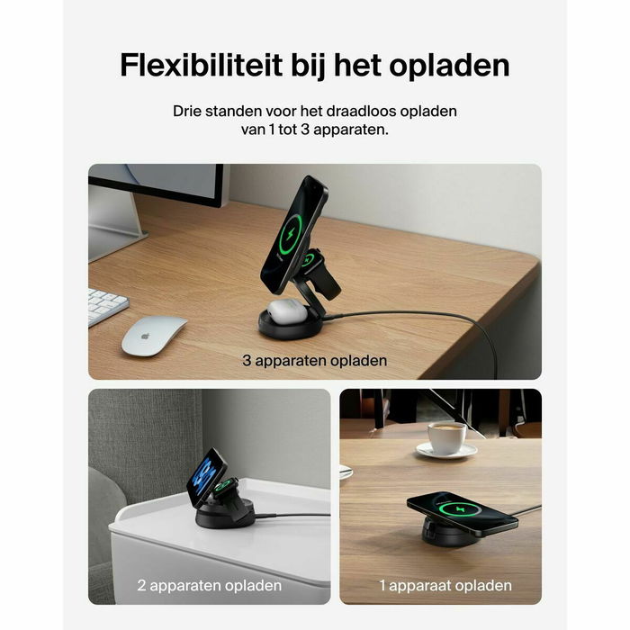 Belkin WIZ034kqBK, Cargador plegable magnético inalámbrico 3-en-1 Boost Charge con tecnología Qi2, para iPhone, Apple Watch, AirPods