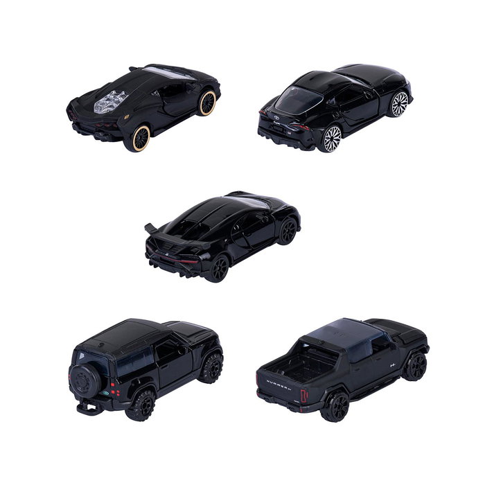 Majorette Gift Pack 5 Coches Deportivos y Todoterreno Negros 8502005000 - Bugatti, Lamborghini, Toyota, Land Rover, GMC - 1:64 Metal