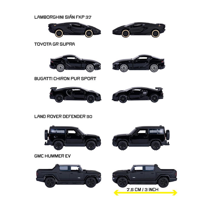 Majorette Gift Pack 5 Coches Deportivos y Todoterreno Negros 8502005000 - Bugatti, Lamborghini, Toyota, Land Rover, GMC - 1:64 Metal