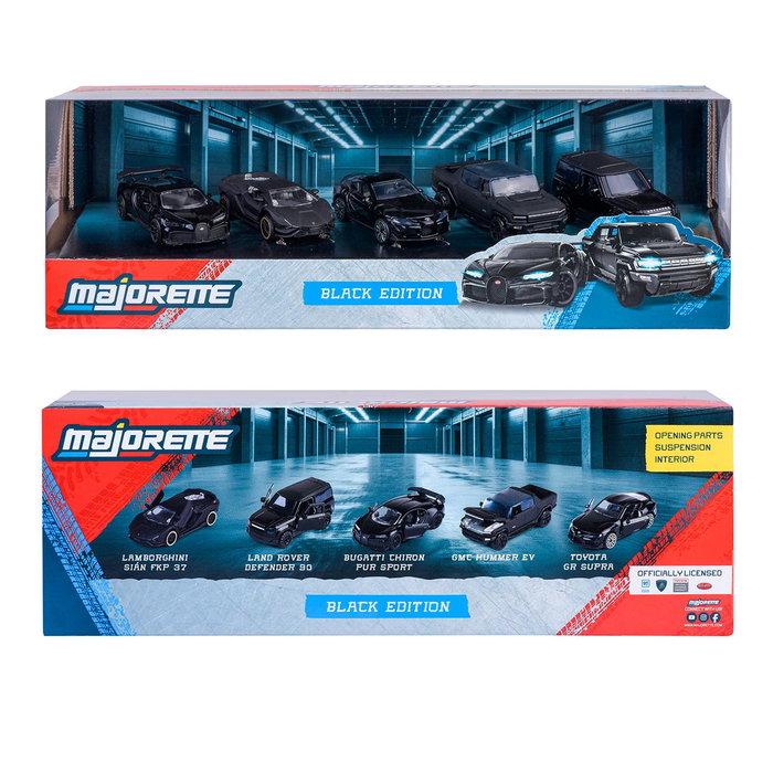 Majorette Gift Pack 5 Coches Deportivos y Todoterreno Negros 8502005000 - Bugatti, Lamborghini, Toyota, Land Rover, GMC - 1:64 Metal