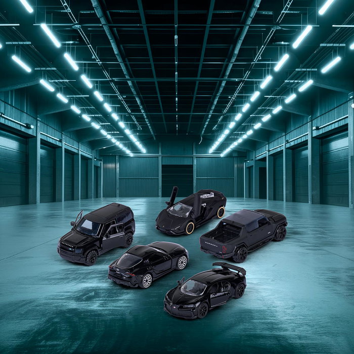 Majorette Gift Pack 5 Coches Deportivos y Todoterreno Negros 8502005000 - Bugatti, Lamborghini, Toyota, Land Rover, GMC - 1:64 Metal