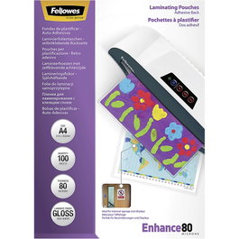Fellowes Fundas para plastificar A4 80 micras con dorso adhesivo, pack de 100