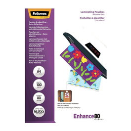 Fellowes Fundas de plastificar A4 80 micras con dorso adhesivo, pack de 100