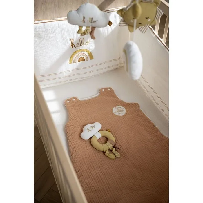 Sauthon Protector de Cuna Ajustable SAU3500760127902 - 100% Algodón - Color Crudo con Estampado Arcoíris