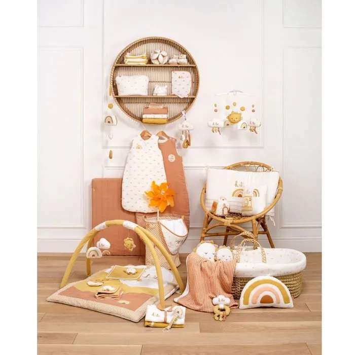 Sauthon Protector de Cuna Ajustable SAU3500760127902 - 100% Algodón - Color Crudo con Estampado Arcoíris