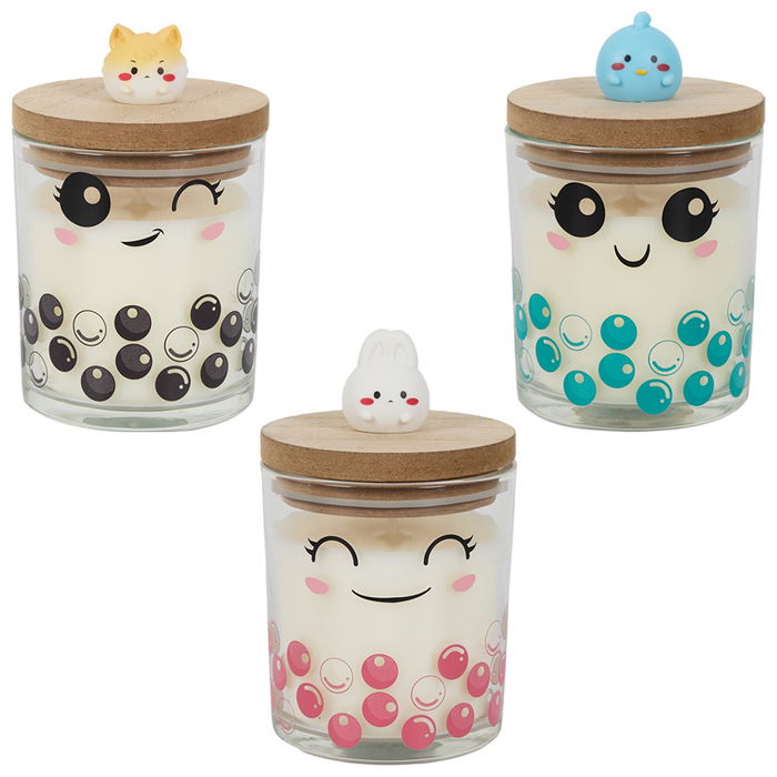 The Concept Factory Vela Perfumada Kawaii Vaso Vidrio Tapa Madera Rosa Frambuesa Azul Algodón de Azúcar Negro Vainilla Malvavisco 120g 25h