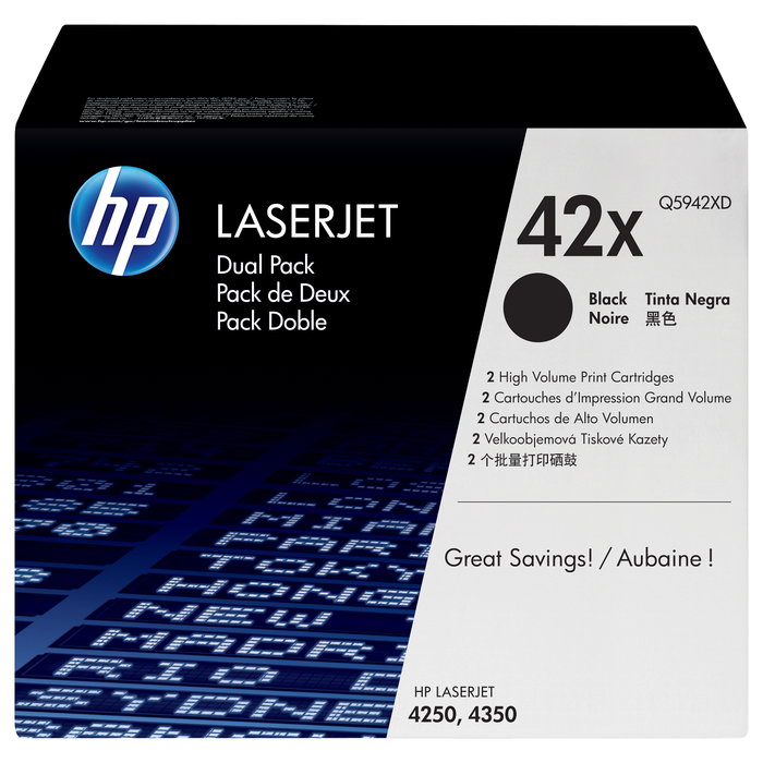 HP Pack de dos tóner 42X Q5942XD Negro de 20.000 páginas cada uno HP Pack de dos tóner 42X Q5942XD Negro de 20.000 páginas cada uno