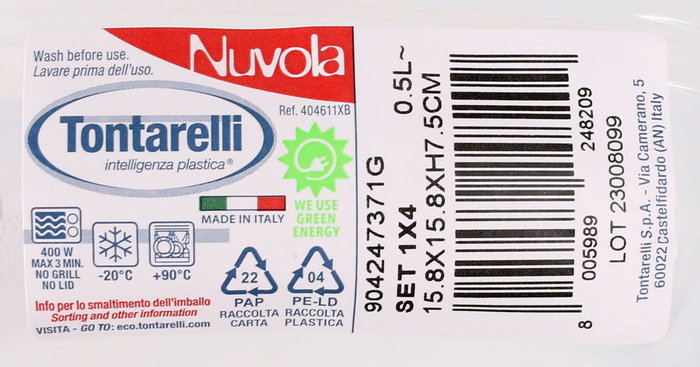 Inde Set 4 Fiambreras Cuadrada 0.5 L Nuvola Tapa Azul 15.6 cm Ancho x 15.8 cm Largo x 4.1 cm Alto (12 Cajas)