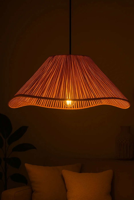 Opviq Lámpara de Araña Plástico Ámbar con Tapa de Macramé Ø40xh15 cm, Altura Ajustable 16-52 cm, E27 40W