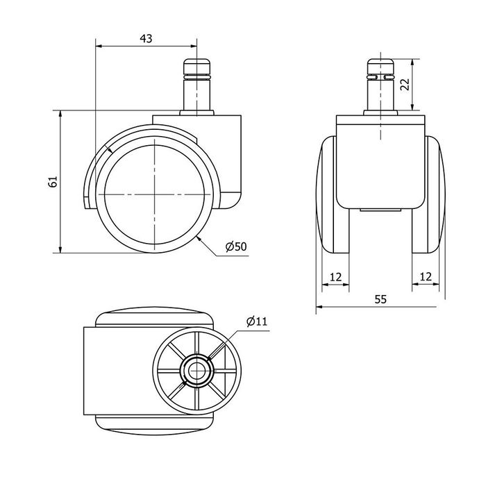 Ruedas Alex Rueda giratoria espiga y eje liso negra 50 kg 11x12 cm Ø5 cm