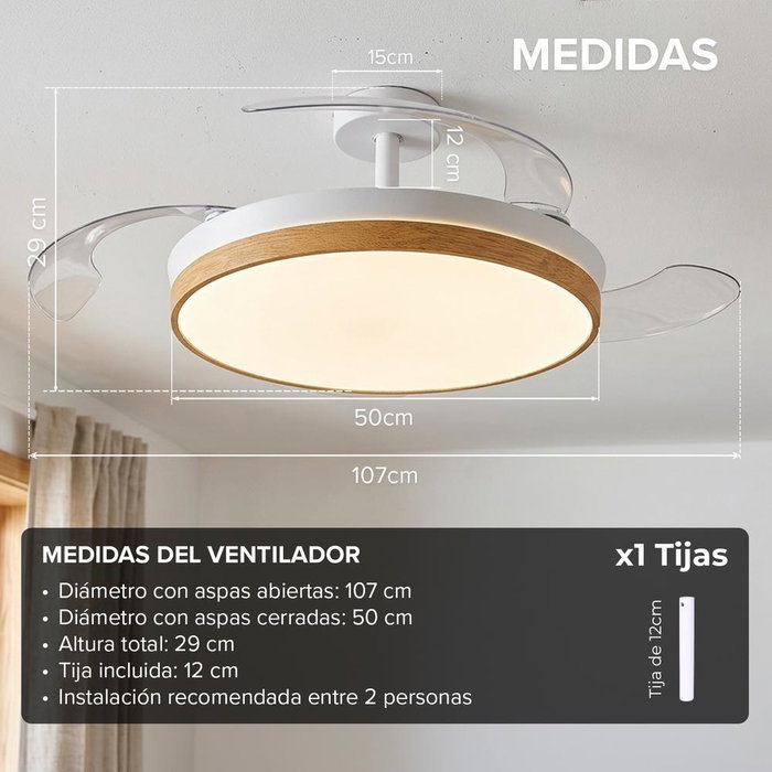 Yoevu CONCEPT NATURE Ventilador de Techo Blanco con Aspas Retráctiles y Luz LED