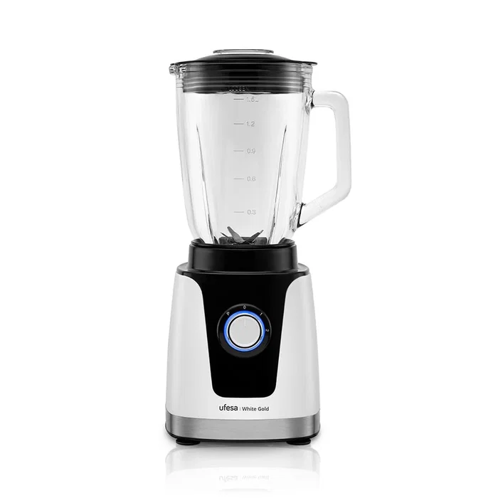 Ufesa 70205761 Batidora de Vaso 1.5 L 1500W con Jarra de Vidrio y Picahielos, Color Negro y Blanco