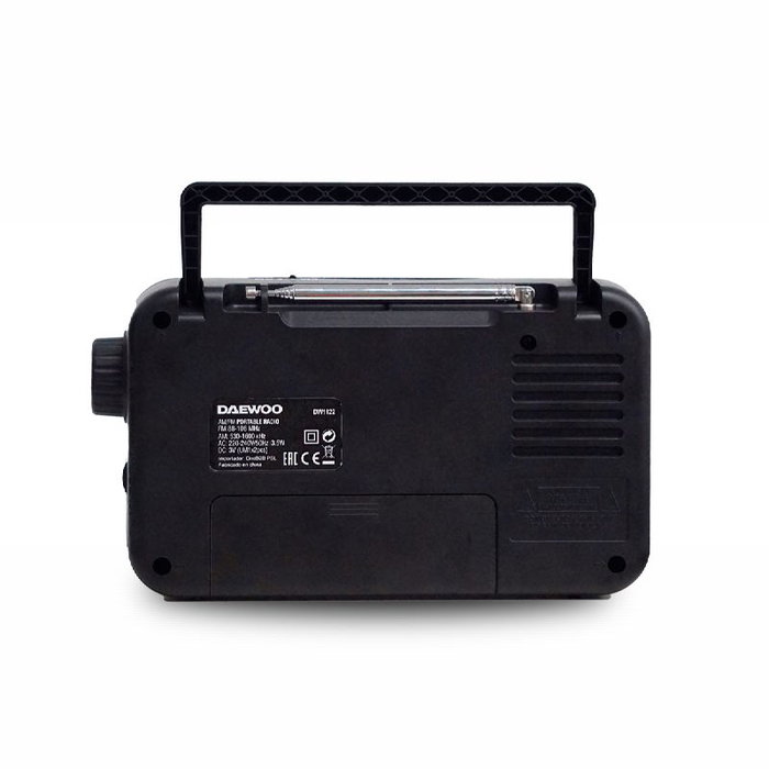 DAEWOO Radio Portátil AC/DC con Altavoz, Entrada Jack 3.5 mm y Asa de Transporte, Color Plata