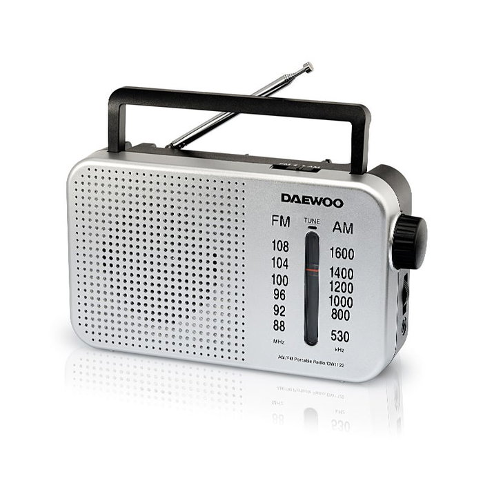 DAEWOO Radio Portátil AC/DC con Altavoz, Entrada Jack 3.5 mm y Asa de Transporte, Color Plata