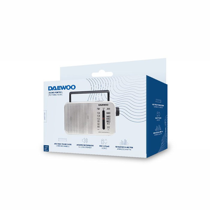 DAEWOO Radio Portátil AC/DC con Altavoz, Entrada Jack 3.5 mm y Asa de Transporte, Color Plata