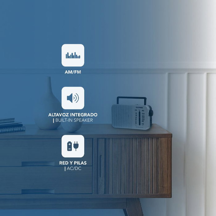 DAEWOO Radio Portátil AC/DC con Altavoz, Entrada Jack 3.5 mm y Asa de Transporte, Color Plata