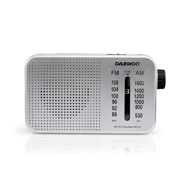 DAEWOO Radio Portátil AC/DC con Altavoz, Entrada Jack 3.5 mm y Asa de Transporte, Color Plata