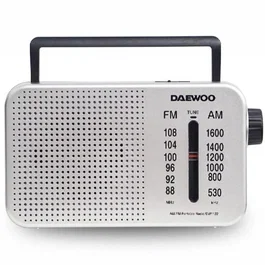 DAEWOO Radio Portátil AC/DC con Altavoz, Entrada Jack 3.5 mm y Asa de Transporte, Color Plata