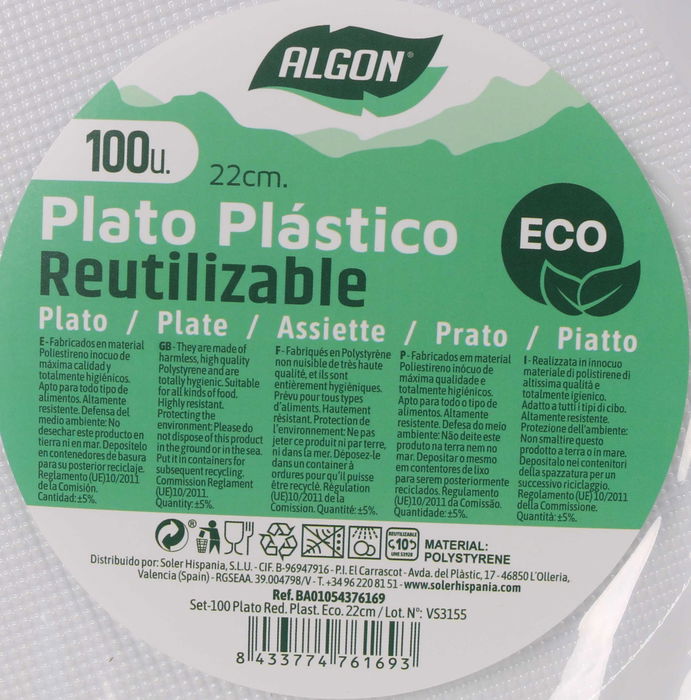 Algon Set-100 Plato Redondo Plástico Ecológico 22 cm (6 Unidades)