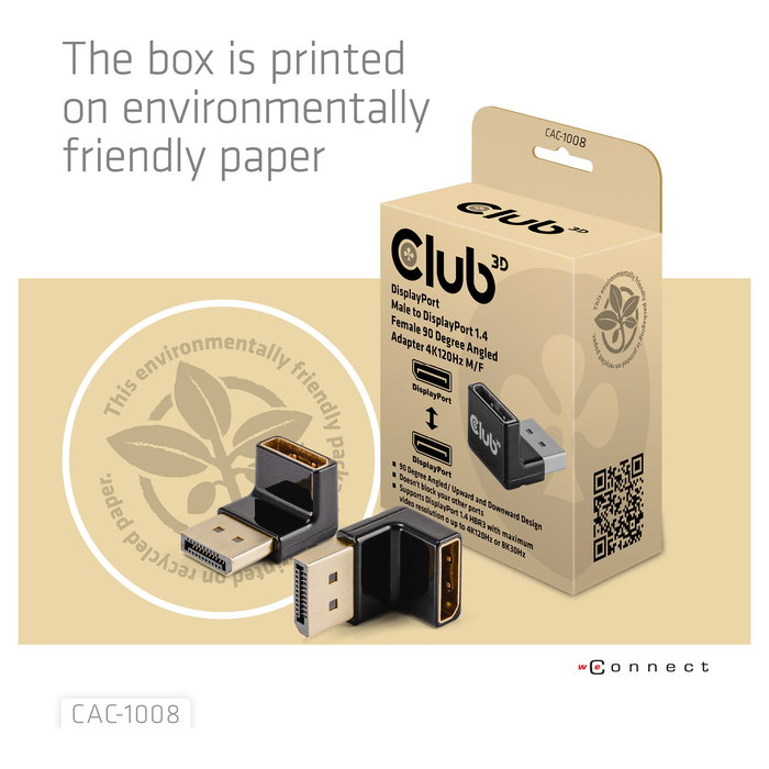 Club 3D Adapter DisplayPort a DisplayPort 1.4 90 Grados Angular CAC-1008, 4K a 120Hz, 8K, HDR, Plug and Play, Negro