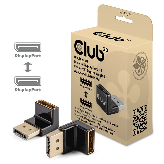 Club 3D Adapter DisplayPort a DisplayPort 1.4 90 Grados Angular CAC-1008, 4K a 120Hz, 8K, HDR, Plug and Play, Negro