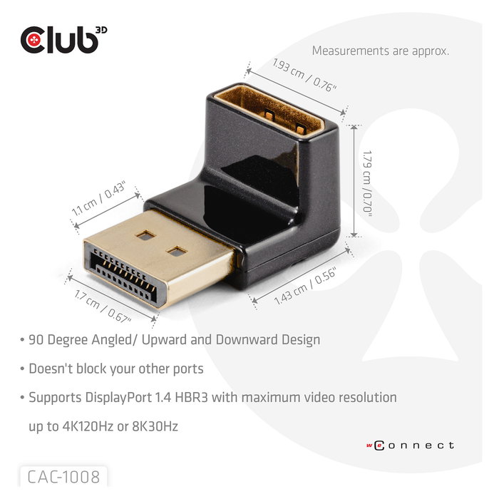 Club 3D Adapter DisplayPort a DisplayPort 1.4 90 Grados Angular CAC-1008, 4K a 120Hz, 8K, HDR, Plug and Play, Negro