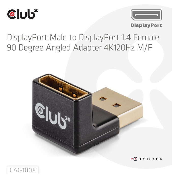 Club 3D Adapter DisplayPort a DisplayPort 1.4 90 Grados Angular CAC-1008, 4K a 120Hz, 8K, HDR, Plug and Play, Negro