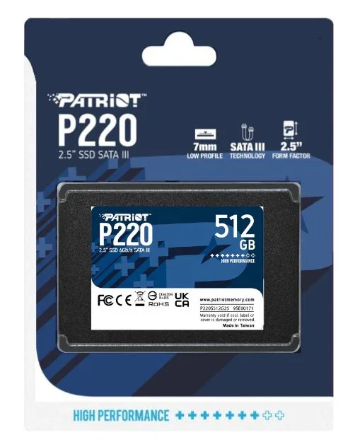 Patriot Memory P220 SSD 512GB 2.5" SATA III - 550 MB/s Lectura, 500 MB/s Escritura, 40k/50k IOPS para PC y Portátil