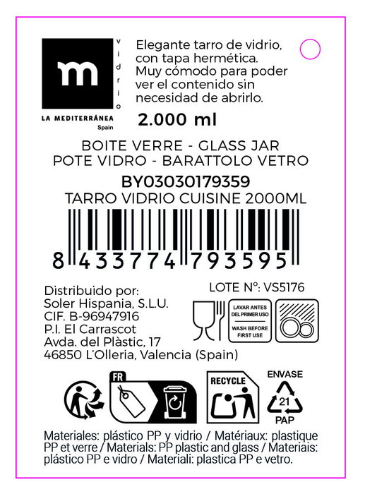 La Mediterranea Tarro Vidrio Cuisine 2000 ml - 14 x 14 x 23 cm (6 Unidades)