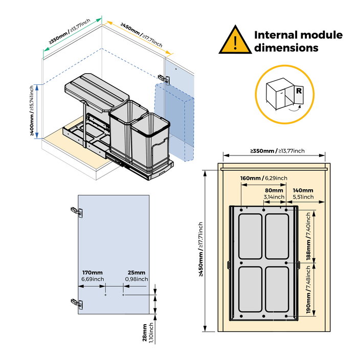 Emuca Contenedor de reciclaje para fijación inferior y extracción manual/automática en mueble de cocina Recycle 2x12litros, Plástico gris antracita