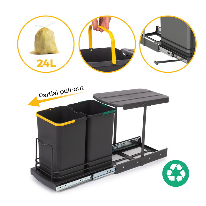 Emuca Contenedor de reciclaje para fijación inferior y extracción manual/automática en mueble de cocina Recycle 2x12litros, Plástico gris antracita