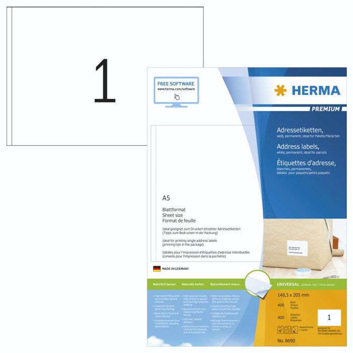 HERMA Etiquetas de dirección Premium 8690 A5 Blanco 400 unidades