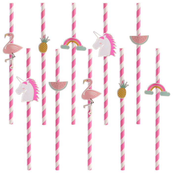 Party Time Juego De 10 Pajitas Cumpleaños Modelos Surtidos Unicornio Perezoso Rayas Longitud 19,5 cm