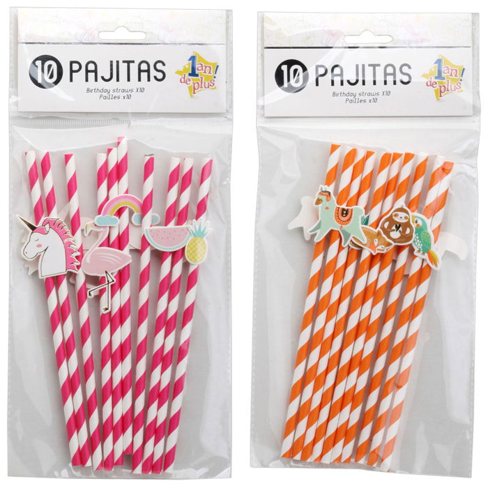 Party Time Juego De 10 Pajitas Cumpleaños Modelos Surtidos Unicornio Perezoso Rayas Longitud 19,5 cm