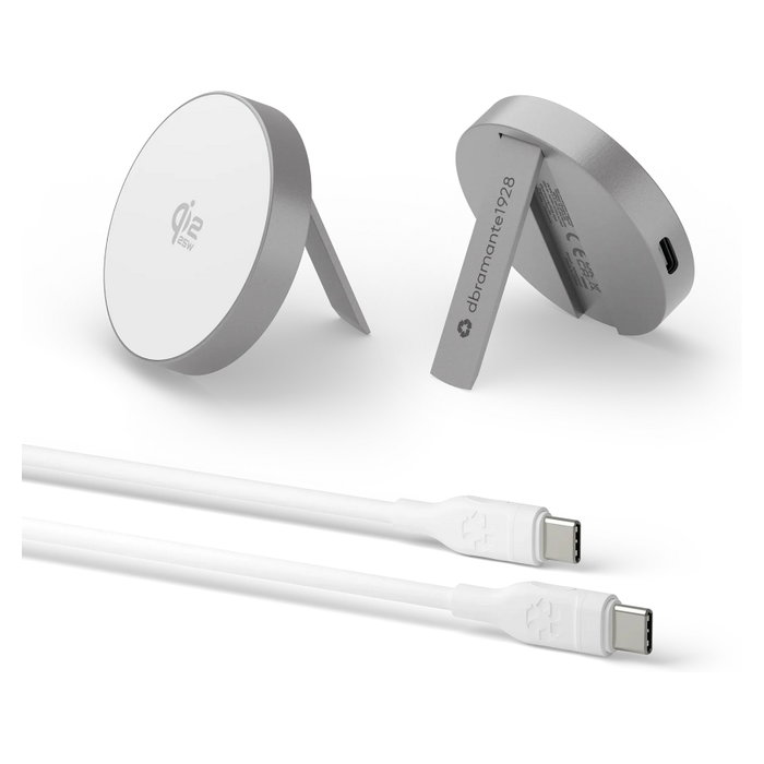 dbramante 1928 Cargador Inalámbrico CH15WLAL7263 MagSafe con Soporte, Aluminio, 25W, Qi2, Cable USB-C 2 m, Gris