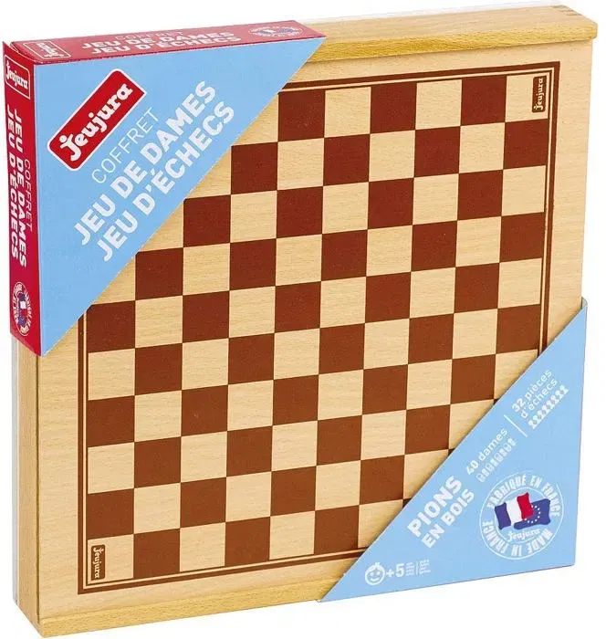 Jeujura Juego de Damas y Ajedrez de Madera con Caja Reversible 31 x 31 x 5 cm para Niños a Partir de 5 Años