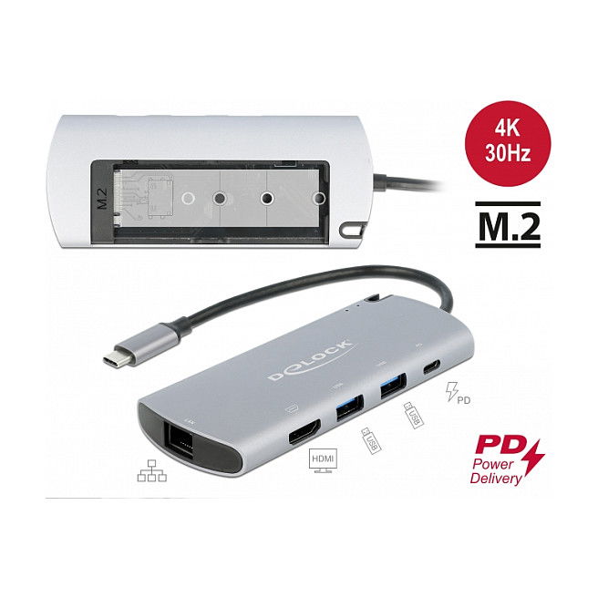 DeLOCK Docking Station USB Type-C con Ranura M.2, HDMI 4K, USB, LAN, Carga PD 3.0 - 62914